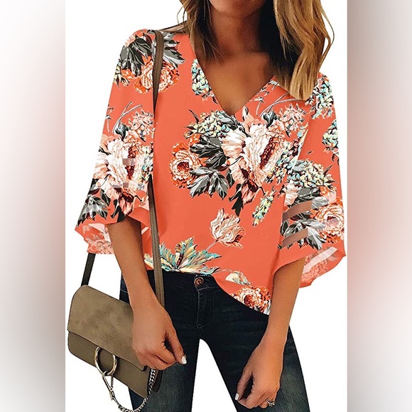 Floral Salmon V Neck Blouse with Bell Sleeves - Picture 5 of 6